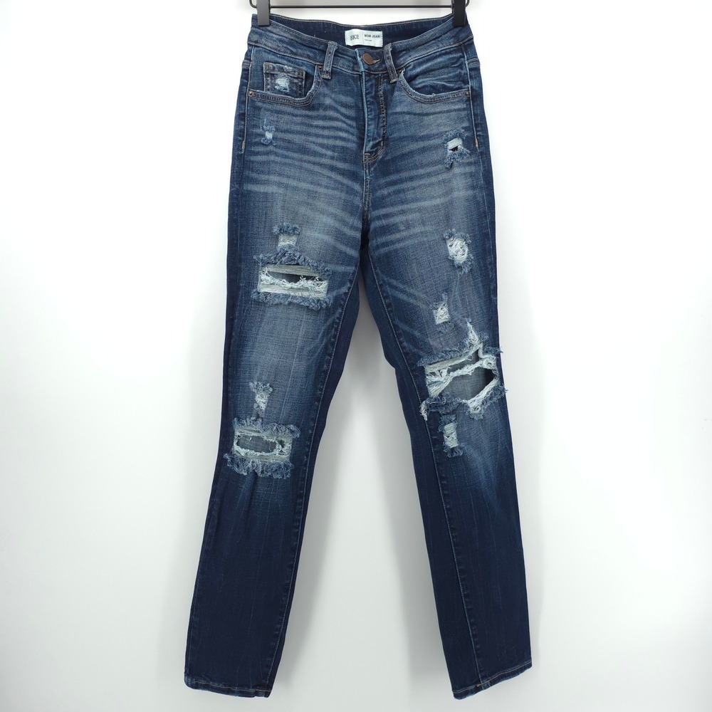 BKE Womens Mom Jean High Rise 25 Dark Wash Distressed Denim Pants